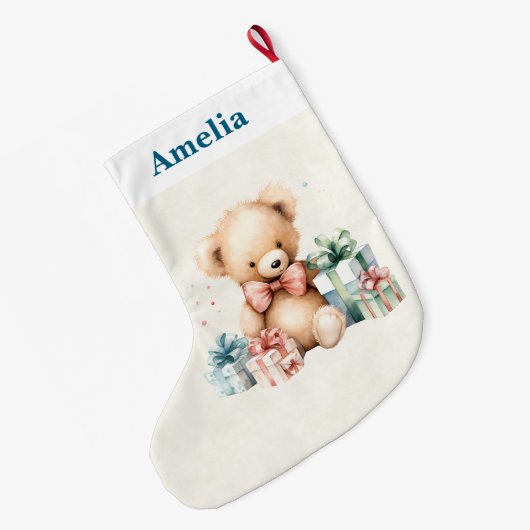 クリスマスプレゼントが贈られる可愛いテディベア ラージクリスマスストッキング (裏面 (吊り時))