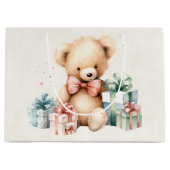 クリスマスプレゼントが贈られる可愛いテディベア ラージペーパーバッグ (正面)