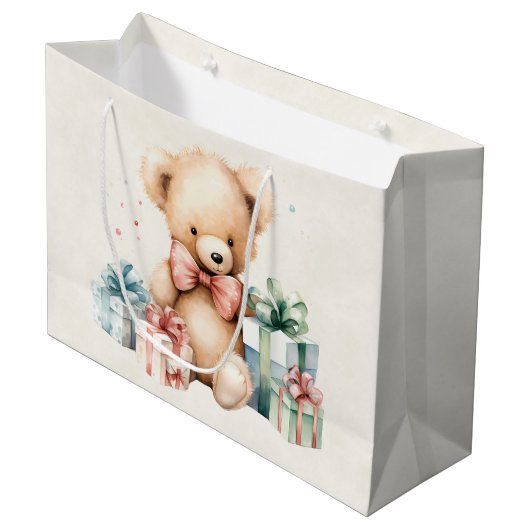 クリスマスプレゼントが贈られる可愛いテディベア ラージペーパーバッグ (正面アングル)