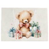 クリスマスプレゼントが贈られる可愛いテディベア ラージペーパーバッグ (裏面)