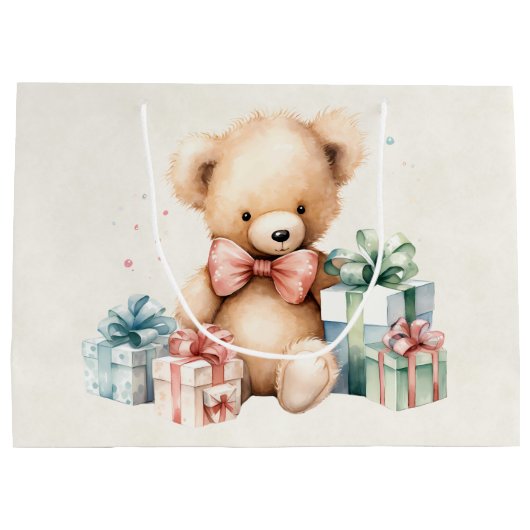 クリスマスプレゼントが贈られる可愛いテディベア ラージペーパーバッグ (裏面)