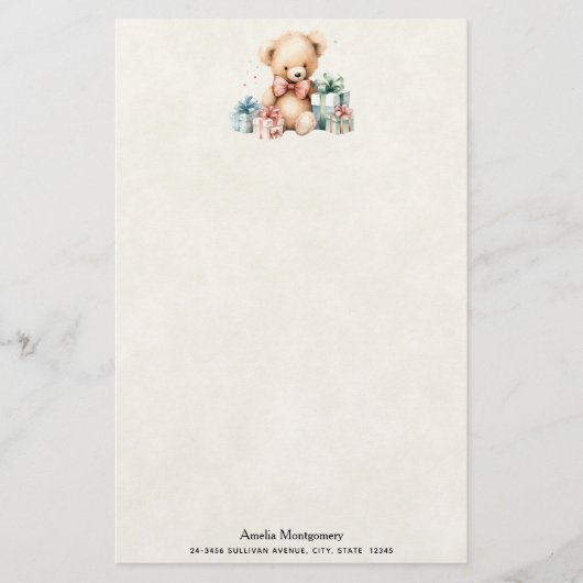 クリスマスプレゼントが贈られる可愛いテディベア 便箋 (正面)