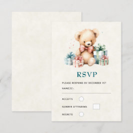 クリスマスプレゼントが贈られる可愛いテディベア 出欠カード