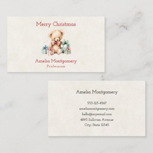 クリスマスプレゼントが贈られる可愛いテディベア 名刺 (正面/裏面)