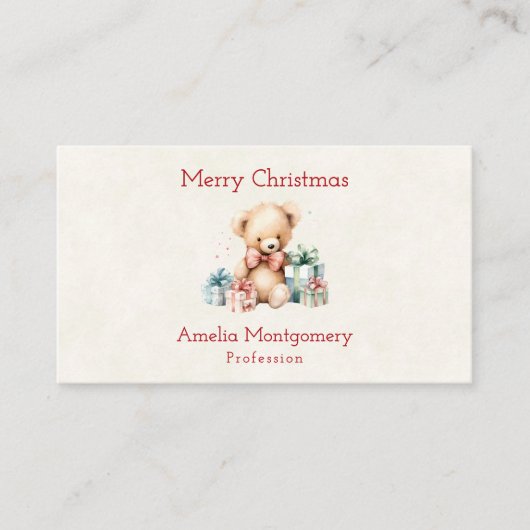 クリスマスプレゼントが贈られる可愛いテディベア 名刺 (正面)