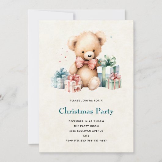 クリスマスプレゼントが贈られる可愛いテディベア 招待状 (正面)