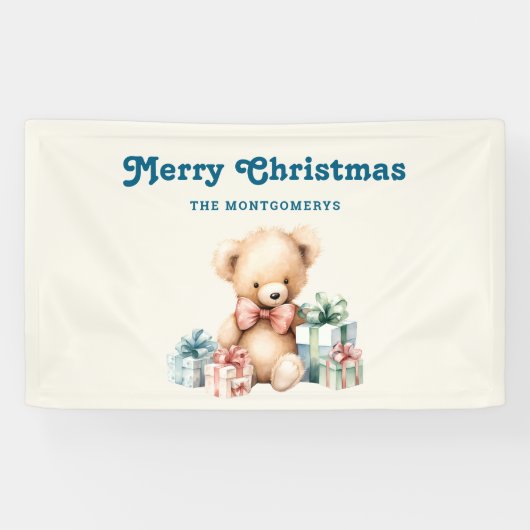 クリスマスプレゼントが贈られる可愛いテディベア 横断幕 (横)