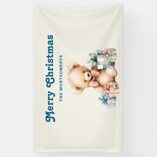 クリスマスプレゼントが贈られる可愛いテディベア 横断幕 (縦)