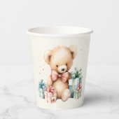 クリスマスプレゼントが贈られる可愛いテディベア 紙コップ (裏面)