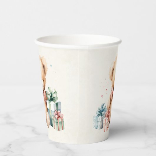 クリスマスプレゼントが贈られる可愛いテディベア 紙コップ (右)