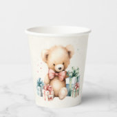 クリスマスプレゼントが贈られる可愛いテディベア 紙コップ (正面)