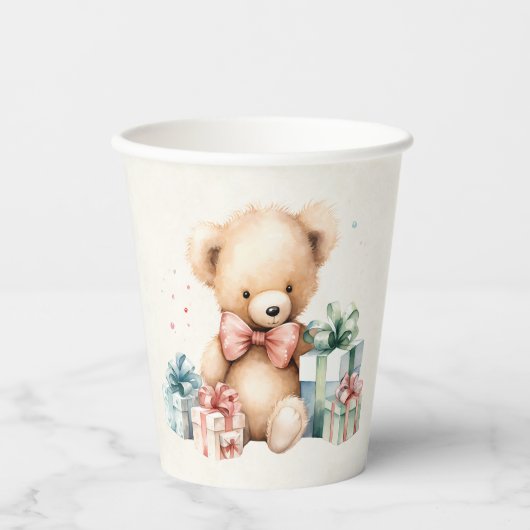 クリスマスプレゼントが贈られる可愛いテディベア 紙コップ (正面)