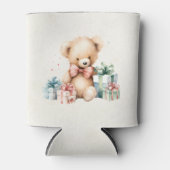 クリスマスプレゼントが贈られる可愛いテディベア 缶クーラー (正面)