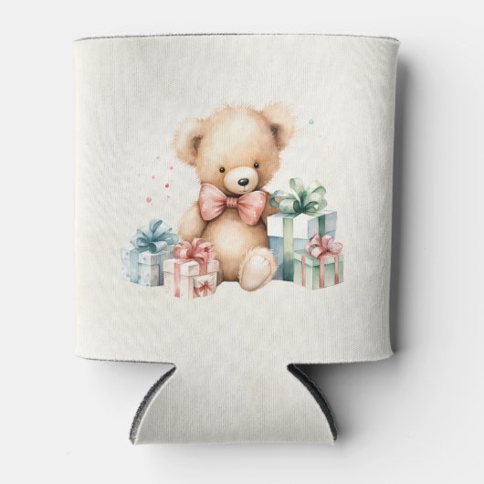 クリスマスプレゼントが贈られる可愛いテディベア 缶クーラー (正面)