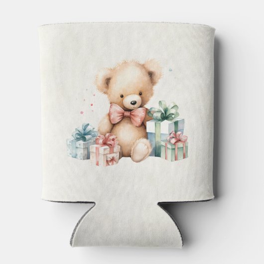 クリスマスプレゼントが贈られる可愛いテディベア 缶クーラー (裏面)