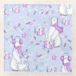 クリスマスプレゼントが贈られる可愛いホッキョクグマ ガラスコースター