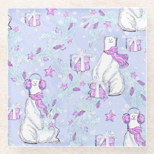 クリスマスプレゼントが贈られる可愛いホッキョクグマ ガラスコースター (正面)