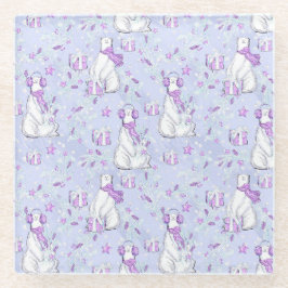 クリスマスプレゼントが贈られる可愛いホッキョクグマ ガラスコースター