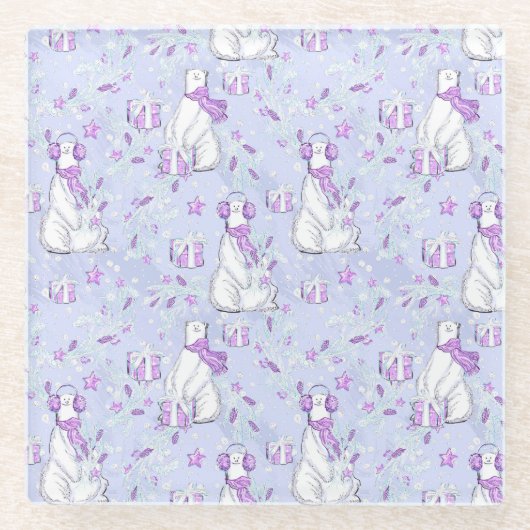 クリスマスプレゼントが贈られる可愛いホッキョクグマ ガラスコースター (正面)