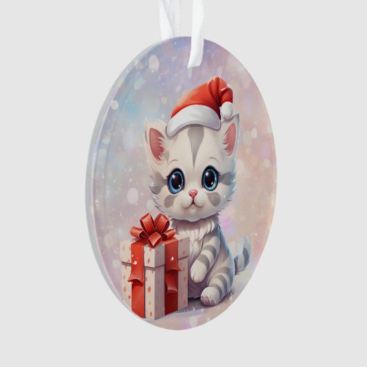クリスマスプレゼントが贈られる孫娘のかわいい子猫 オーナメント (正面)