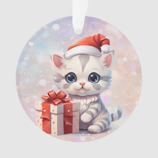 クリスマスプレゼントが贈られる孫娘のかわいい子猫 オーナメント (正面)