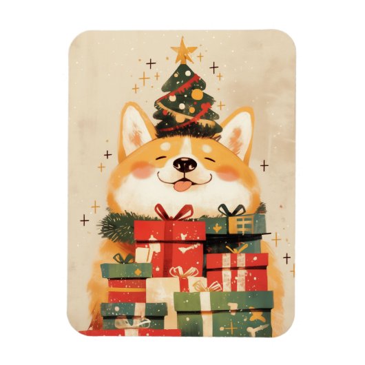 クリスマスプレゼントとウェルシュコーギー マグネット (縦)