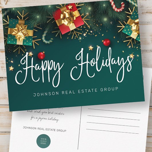 クリスマスプレゼントとオーナメントハッピーホリデー ポストカード