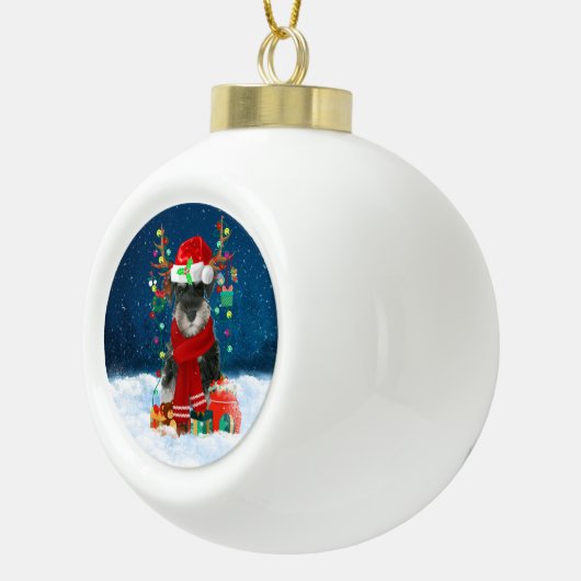 クリスマスプレゼントとシュナウザー犬 セラミックボールオーナメント (右)