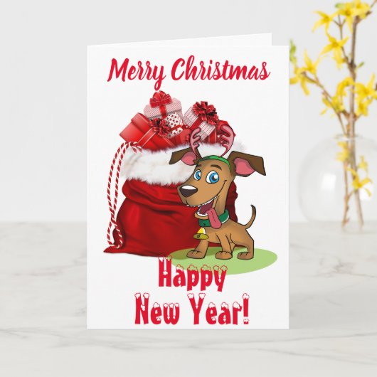 クリスマスプレゼントとドッグ – 空白のノートカード カード (黄色い花)