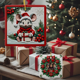 クリスマスプレゼントとネズミのカスタマイズ可能デザイン セラミックオーナメント
