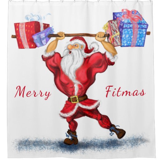 クリスマスプレゼントとボディビルダーのサンタクロースおもしろい シャワーカーテン (正面)
