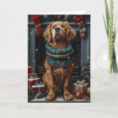 クリスマスプレゼントと暖炉のそばのアイリッシュレッドセッター犬 カード (正面)