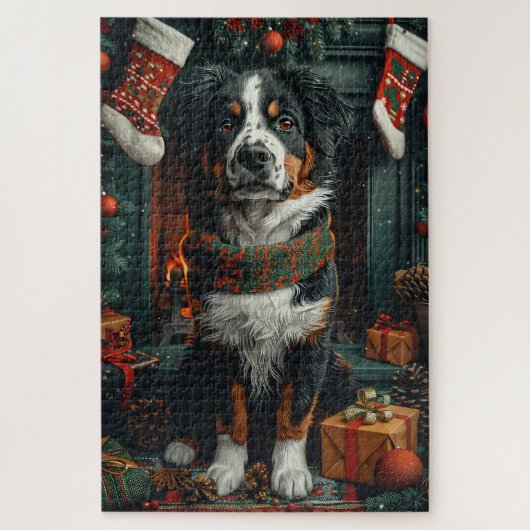 クリスマスプレゼントと暖炉のそばの大スイス犬 ジグソーパズル (縦)