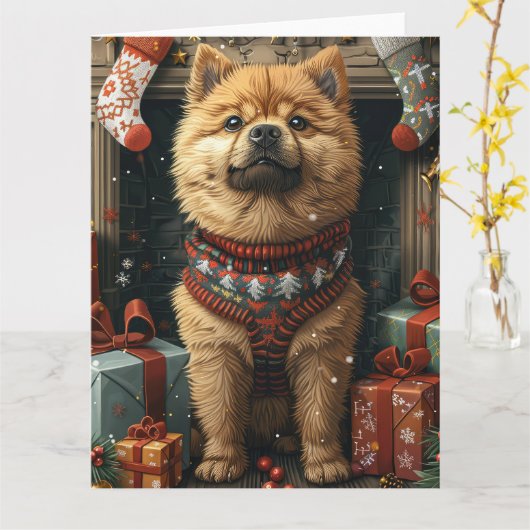 クリスマスプレゼントと暖炉のチャウチャウ犬 カード (黄色い花)