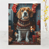 クリスマスプレゼントと暖炉のビーグル犬 カード (黄色い花)