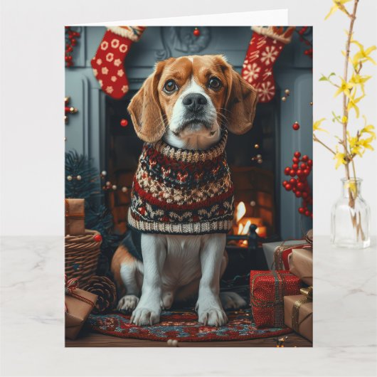 クリスマスプレゼントと暖炉のビーグル犬 カード (黄色い花)
