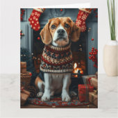 クリスマスプレゼントと暖炉のビーグル犬 カード (正面)