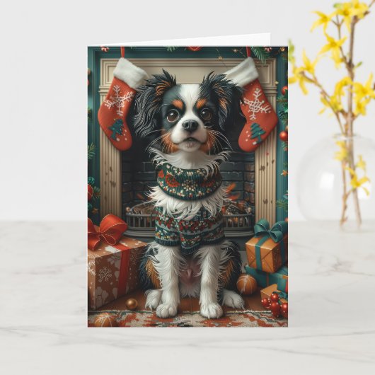 クリスマスプレゼントと暖炉の日本犬 カード (黄色い花)