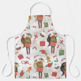 クリスマスプレゼントと花を飾ったかわいい女の子 エプロン