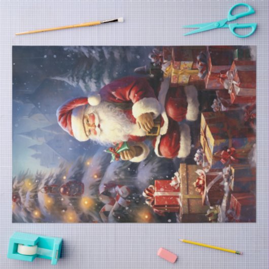 クリスマスプレゼントに微笑む可愛いサンタクロース 薄葉紙 (クラフト)