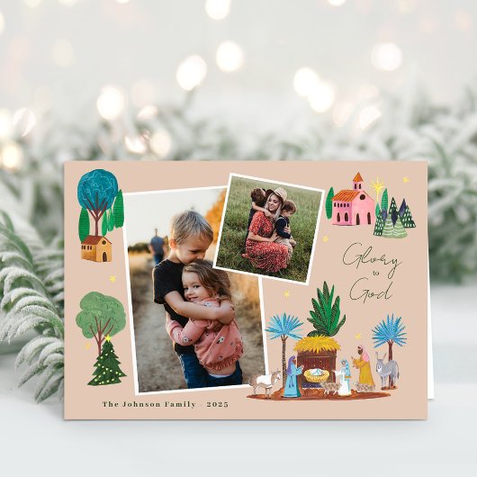 クリスマスプレゼントに最適な2枚の写真が入ったクリスマスカード 招待状
