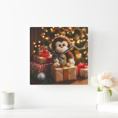 クリスマスプレゼントに登場するかわいいサル スクエア壁時計 (ホーム)