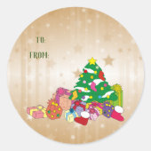 クリスマスプレゼントのステッカー黄金の贈り物へ送り元へ ラウンドシール (正面)