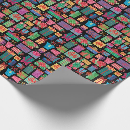 クリスマスプレゼントのパターお洒落ン、ブラックのカラー ラッピングペーパー (角)