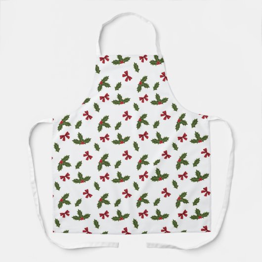 クリスマスプレゼントのホリー植物と赤い弓のパターン エプロン (正面)