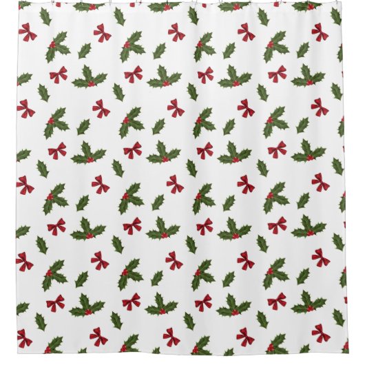 クリスマスプレゼントのホリー植物と赤い弓のパターン シャワーカーテン (正面)