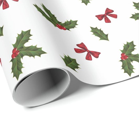 クリスマスプレゼントのホリー植物と赤い弓のパターン ラッピングペーパー (ロールコーナー)