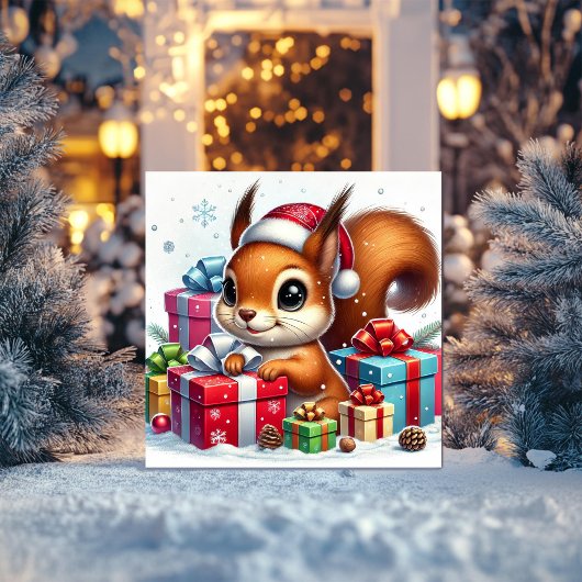 クリスマスプレゼントの中のいたずらなリス シーズンカード