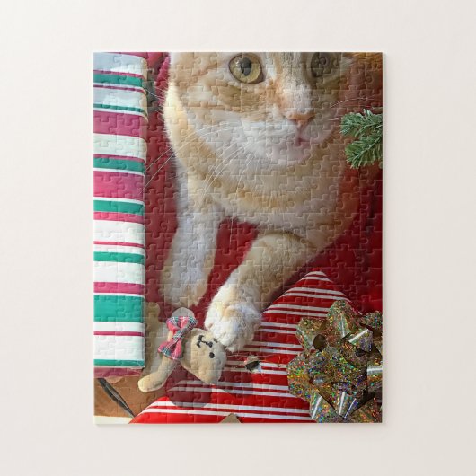 クリスマスプレゼントの付いたオレンジ色の猫 ジグソーパズル (縦)