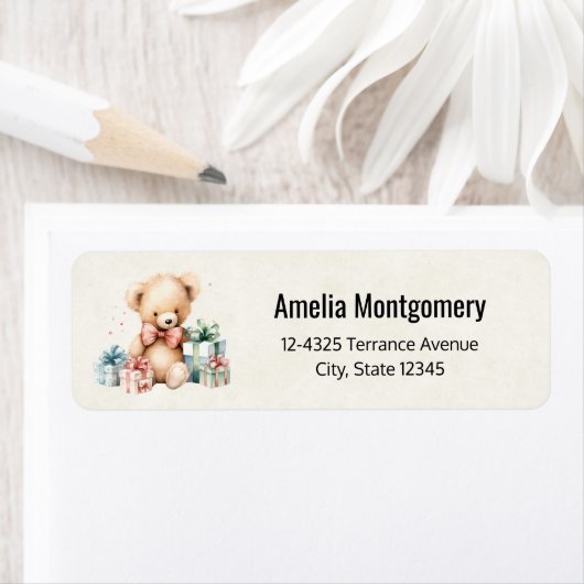 クリスマスプレゼントの住所が書かれた可愛いテディベア ラベル (インサイチュ)